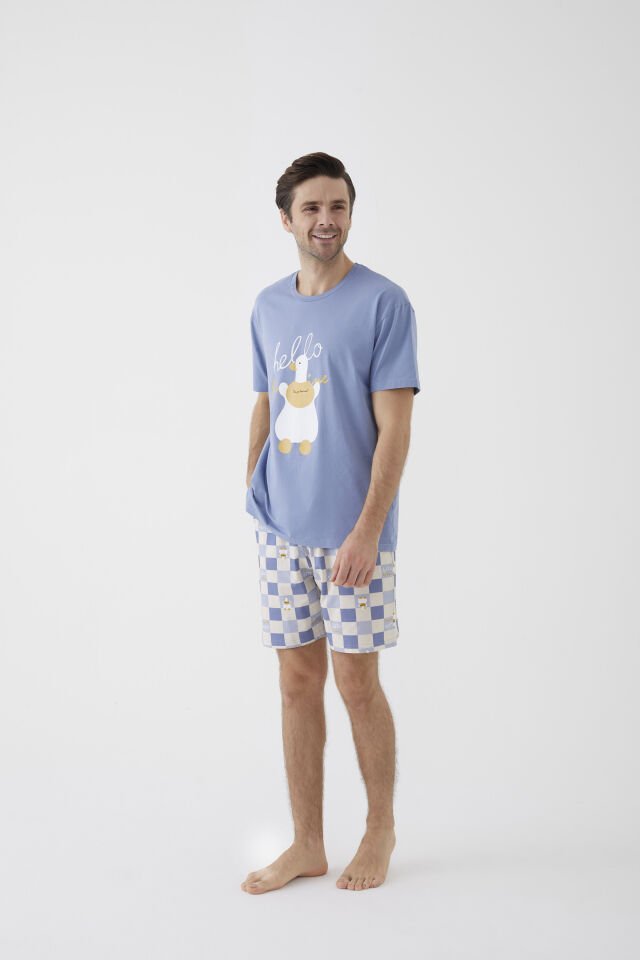 Erkek Kısa Kollu Pamuklu Ekose Desenli Ördek Baskılı Şortlu Pijama Takımı XL - Mavi - Ekru