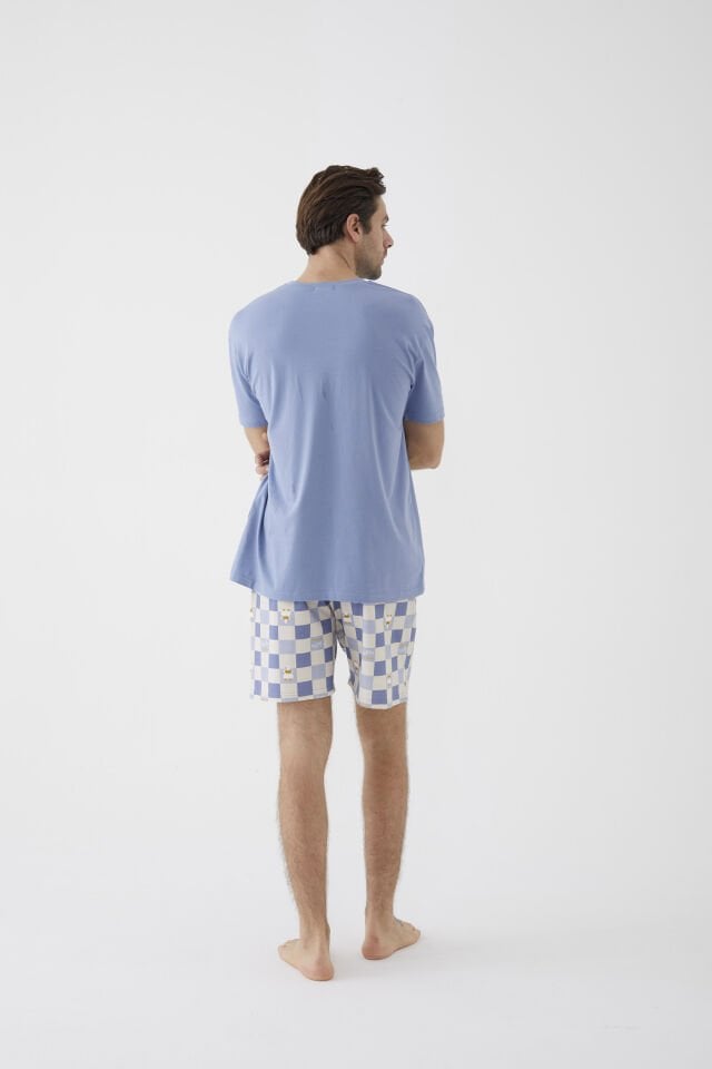 Erkek Kısa Kollu Pamuklu Ekose Desenli Ördek Baskılı Şortlu Pijama Takımı XL - Mavi - Ekru