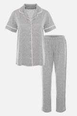 Kadın Kısa Kollu Gri Melanj Pudra Ara Biyeli Pijama Takımı KO7306TS-6 - S