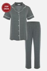 Kadın Kısa Kollu Gri Melanj Pudra Ara Biyeli Pijama Takımı KO7306TS-6 - S - KO7306TS-6 - S