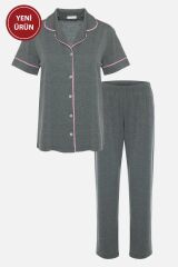 Kadın Kısa Kollu Gri Melanj Pudra Ara Biyeli Pijama Takımı KO7306TS-6 - S - KO7306TS-6 - S