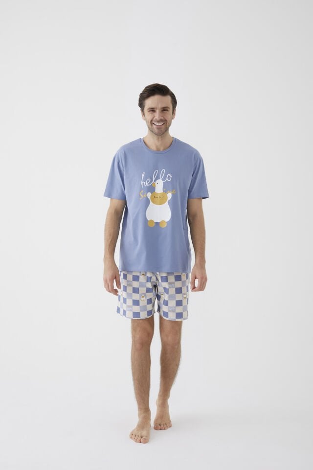 Erkek Kısa Kollu Pamuklu Ekose Desenli Ördek Baskılı Şortlu Pijama Takımı 2XL - Mavi - Ekru