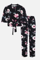 Kadın Pamuklu Önden Bağlamalı Desenli Crop T-shirt Pijama Takımı XL - Kahverengi - Ekru