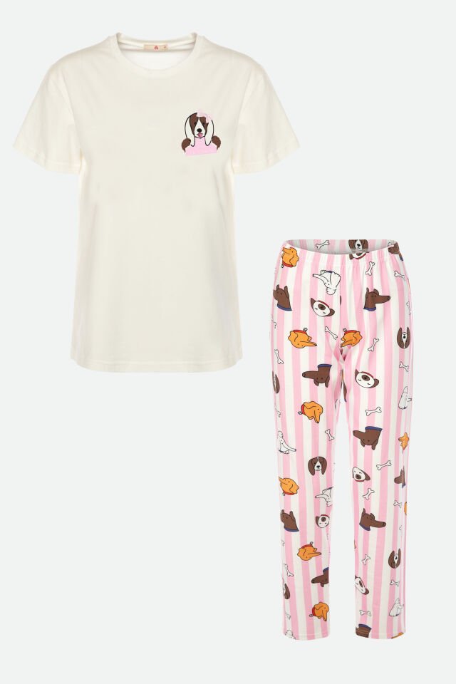 Kadın Kısa Kollu Pamuklu Desenli Pijama Takımı L - Pembe - Ekru