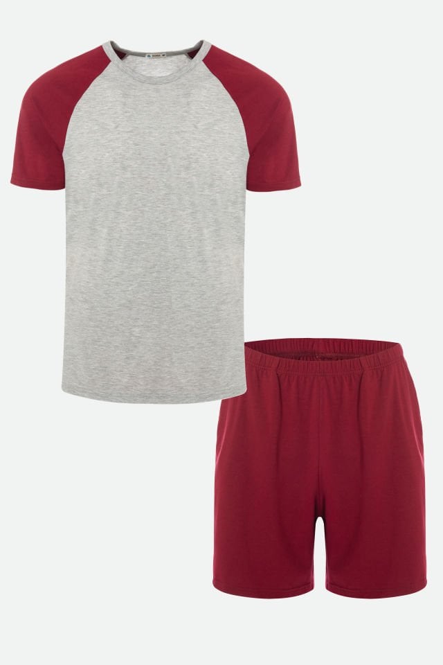 Erkek Pamuklu Cep Detaylı Reglan Kol Pijama Takımı 2XL - Bordo - Ekru