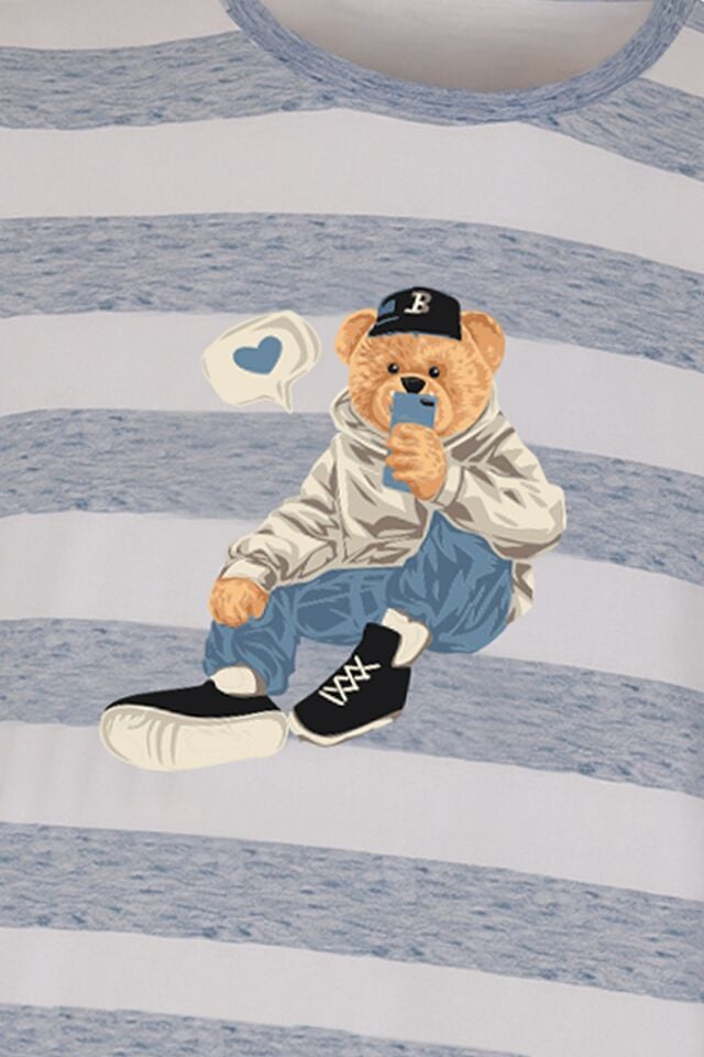 Erkek Pamuklu Uzun Kollu Üst Ayıcık Baskılı Pijama Takımı Lacivert - Ekru - XL