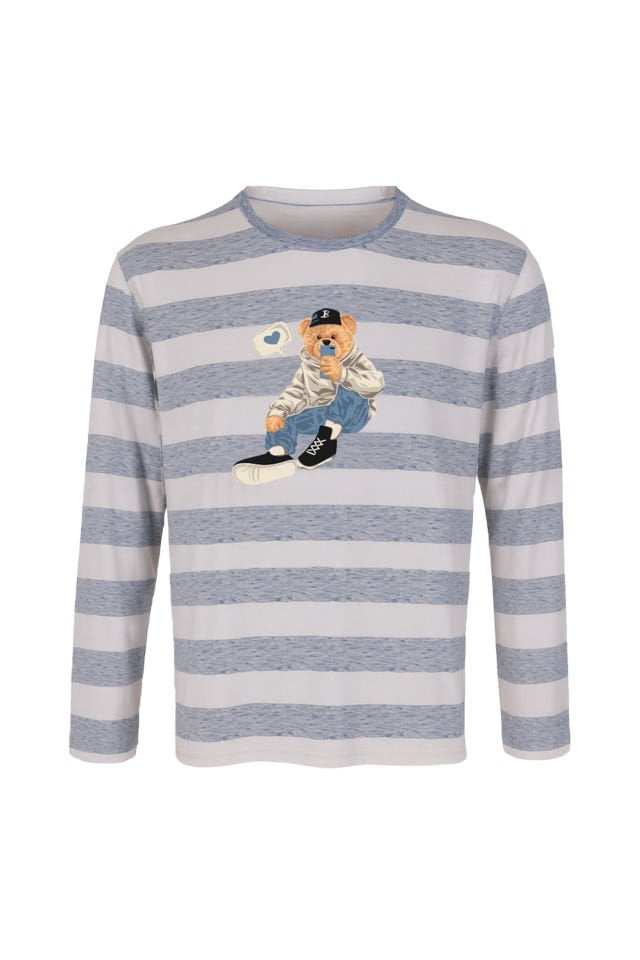 Erkek Pamuklu Uzun Kollu Üst Ayıcık Baskılı Pijama Takımı Lacivert - Ekru - 2XL