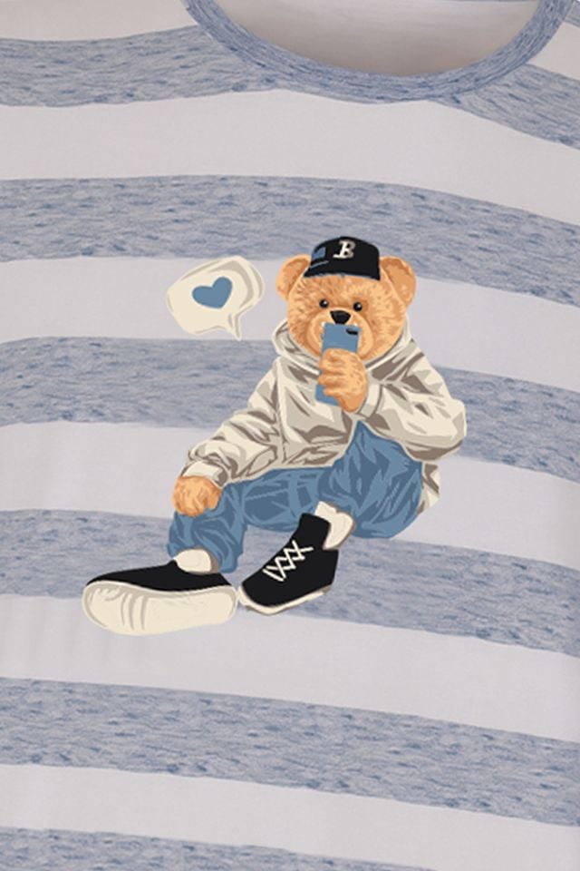 Erkek Pamuklu Uzun Kollu Üst Ayıcık Baskılı Pijama Takımı Lacivert - Ekru - 2XL