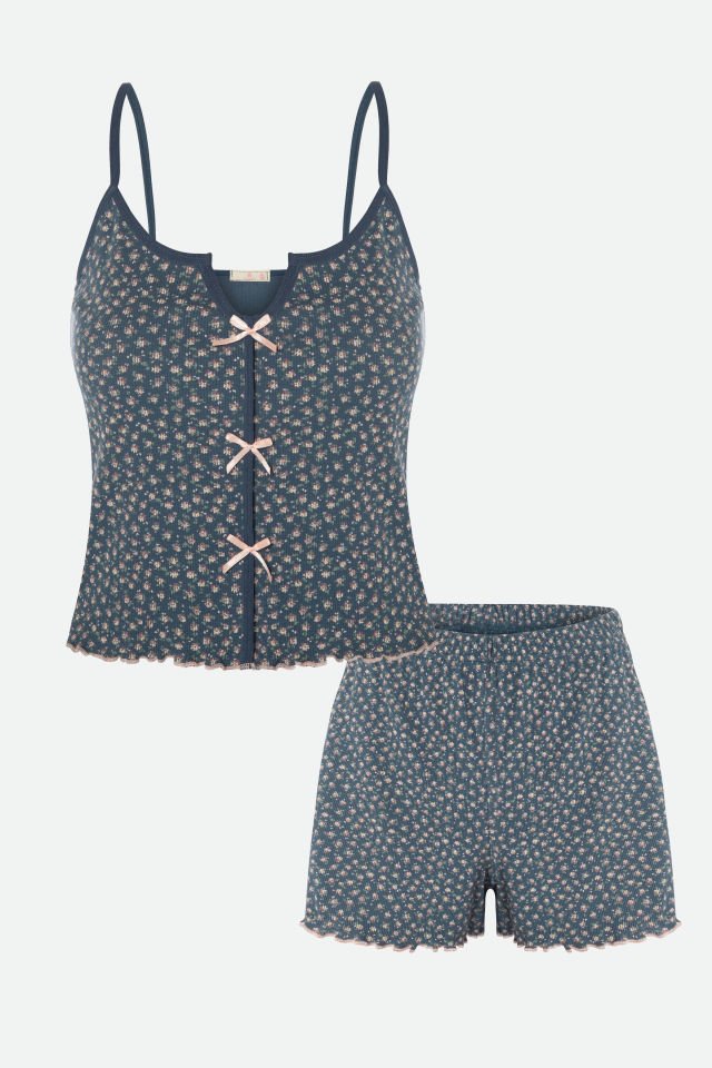 Kadın Çiçek Desenli Gül Fiyonklu İp Askılı Şort Takım M - Mavi - Pudra