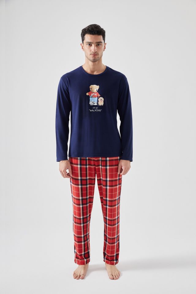 Erkek Yumuşak Dokulu Ayıcık Baskılı Ekose Desenli Pijama Takımı L