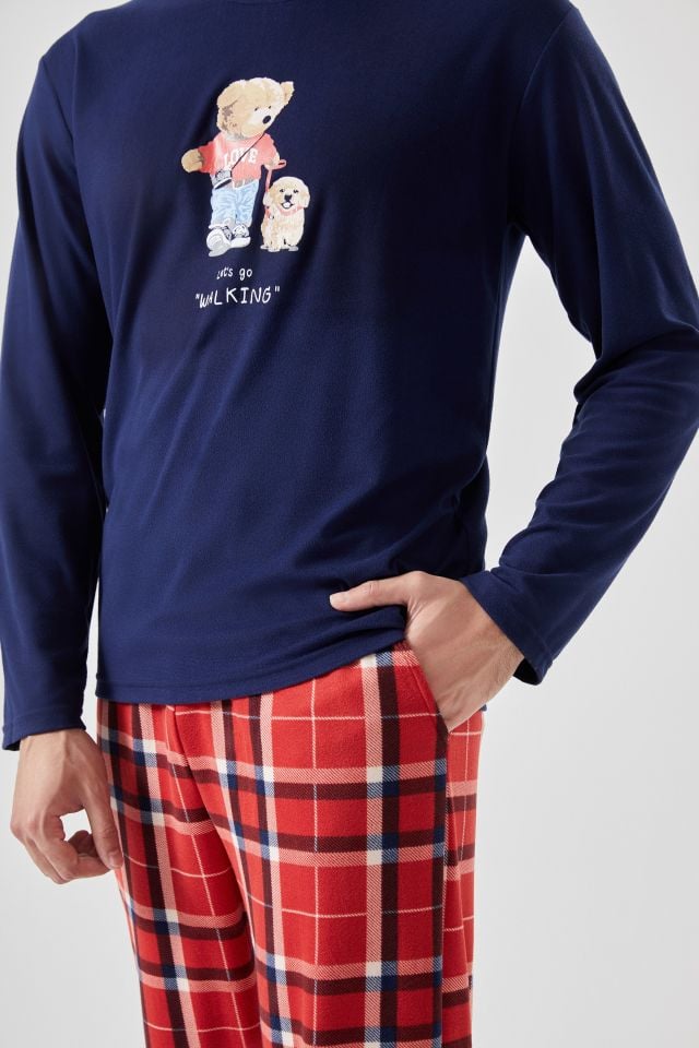 Erkek Yumuşak Dokulu Ayıcık Baskılı Ekose Desenli Pijama Takımı L