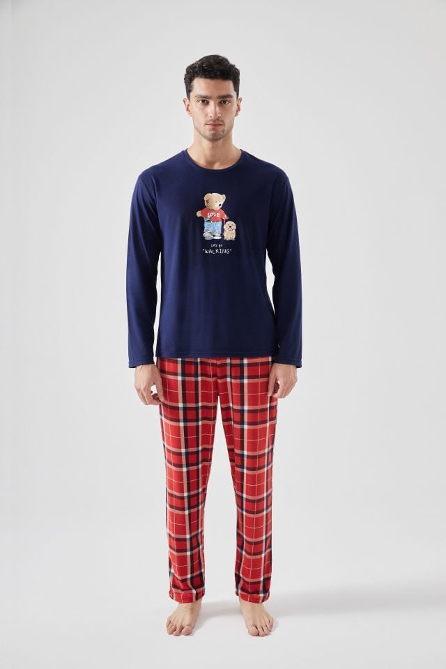 Erkek Yumuşak Dokulu Ayıcık Baskılı Ekose Desenli Pijama Takımı XL
