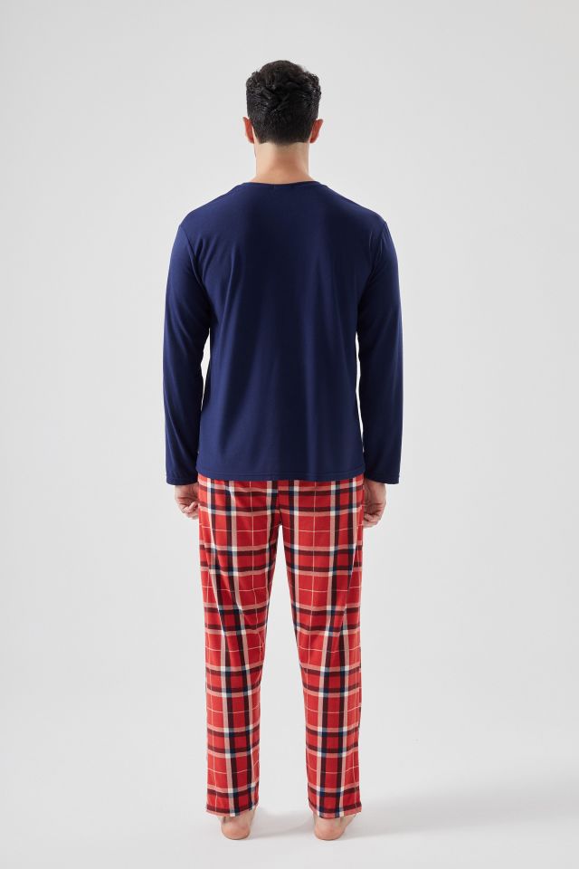 Erkek Yumuşak Dokulu Ayıcık Baskılı Ekose Desenli Pijama Takımı XL
