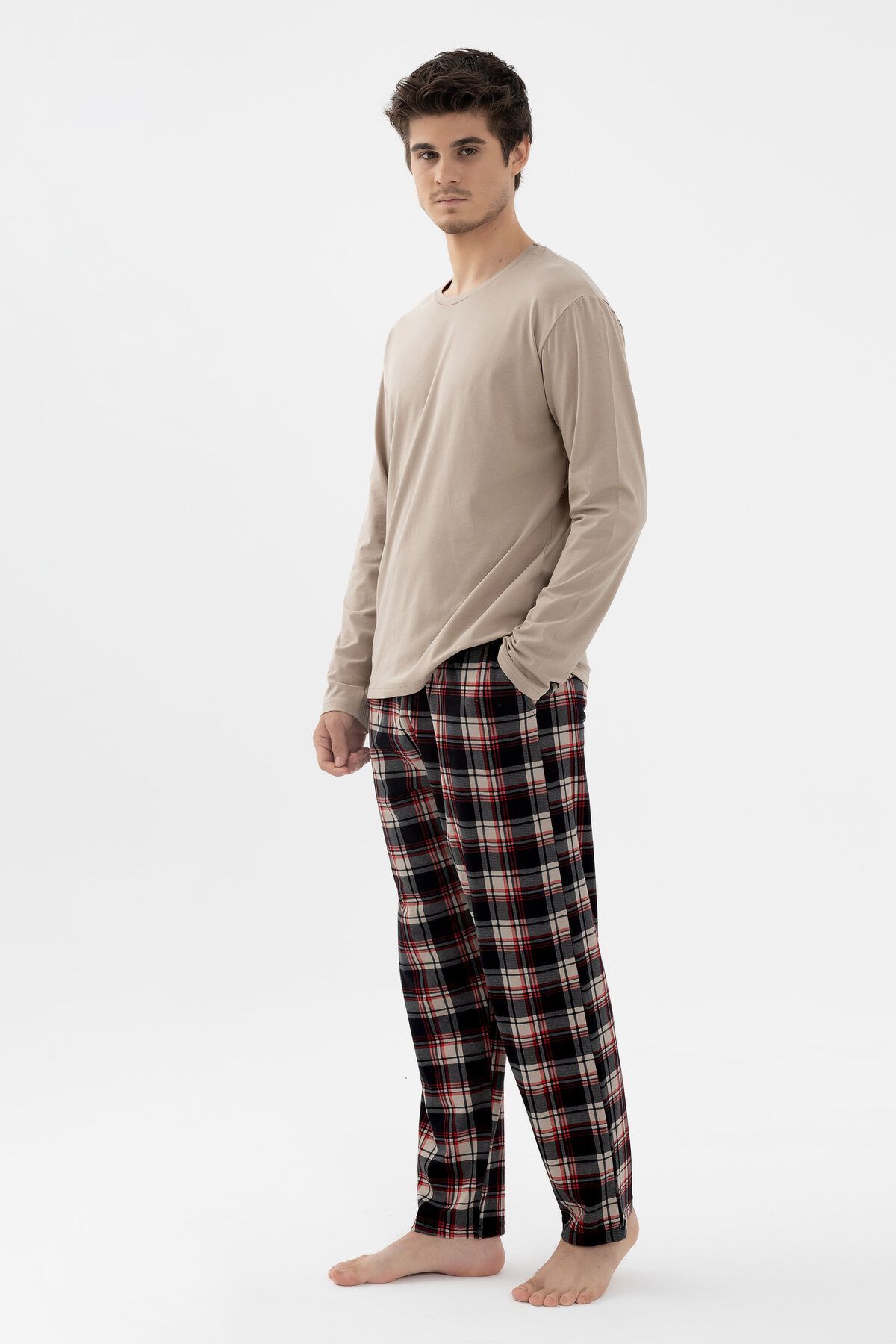 Erkek Pamuklu Uzun Kollu Basic Siyah - Vizon Ekose Desenli Cep Detaylı Pijama Takımı S - Siyah - Vizon