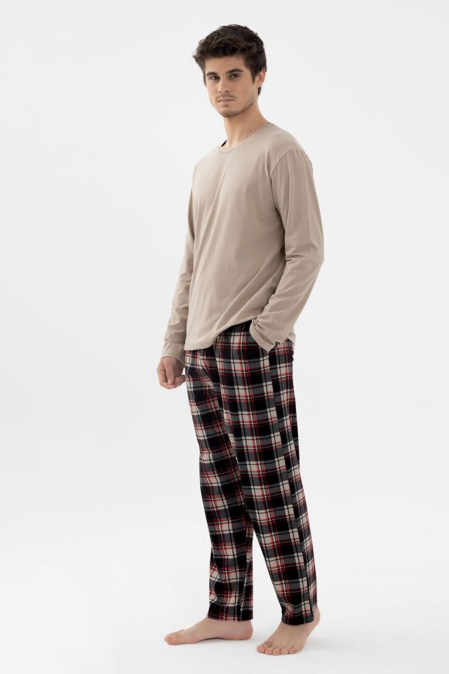 Erkek Pamuklu Uzun Kollu Basic Siyah - Vizon Ekose Desenli Cep Detaylı Pijama Takımı S - Siyah - Vizon