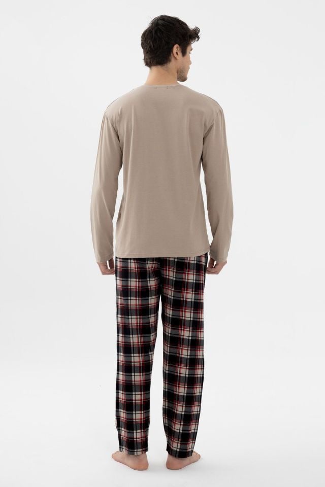 Erkek Pamuklu Uzun Kollu Basic Siyah - Vizon Ekose Desenli Cep Detaylı Pijama Takımı S - Siyah - Vizon