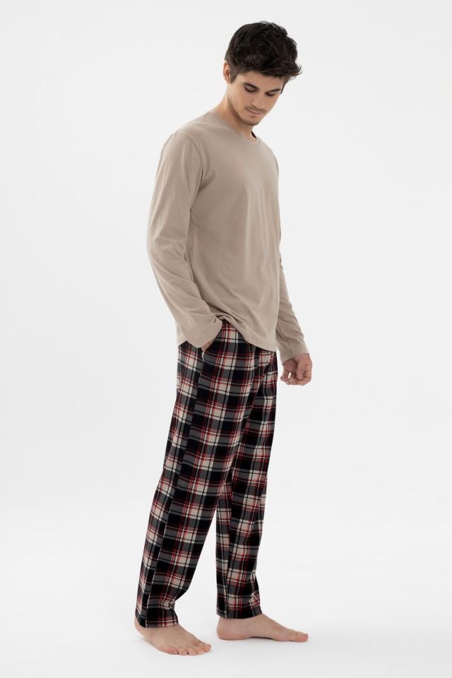Erkek Pamuklu Uzun Kollu Basic Siyah - Vizon Ekose Desenli Cep Detaylı Pijama Takımı S - Siyah - Vizon