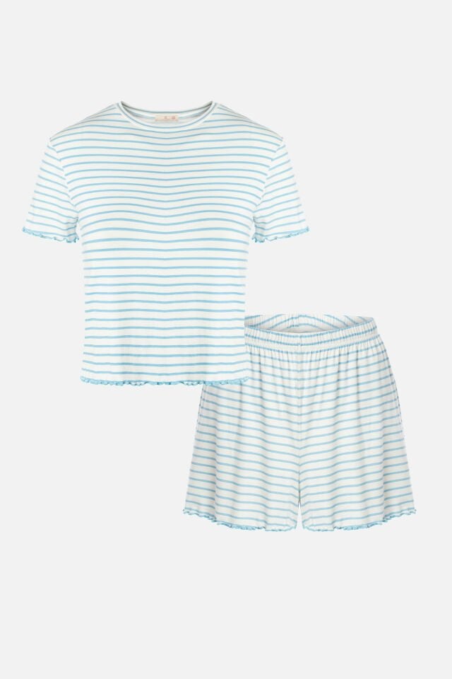 Kadın Baby Ovelok Detaylı Şortlu Pijama Takımı S - Mavi - Beyaz