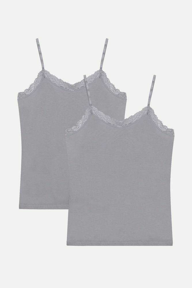 Kadın 2'li Ip Askılı Dantelli - Ayar Halkalı Atlet Gri - 2XL - Gri - 2XL