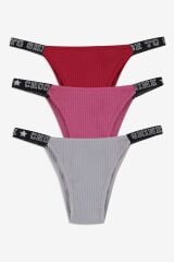 Kadın 3'lü Yazılı Lastikli Fitilli Brazilian Külot bordo-sekerpembe-gri - M