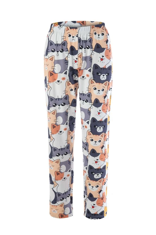Kadın Gri Pamuklu Kedili Örme Pijama Takımı XL