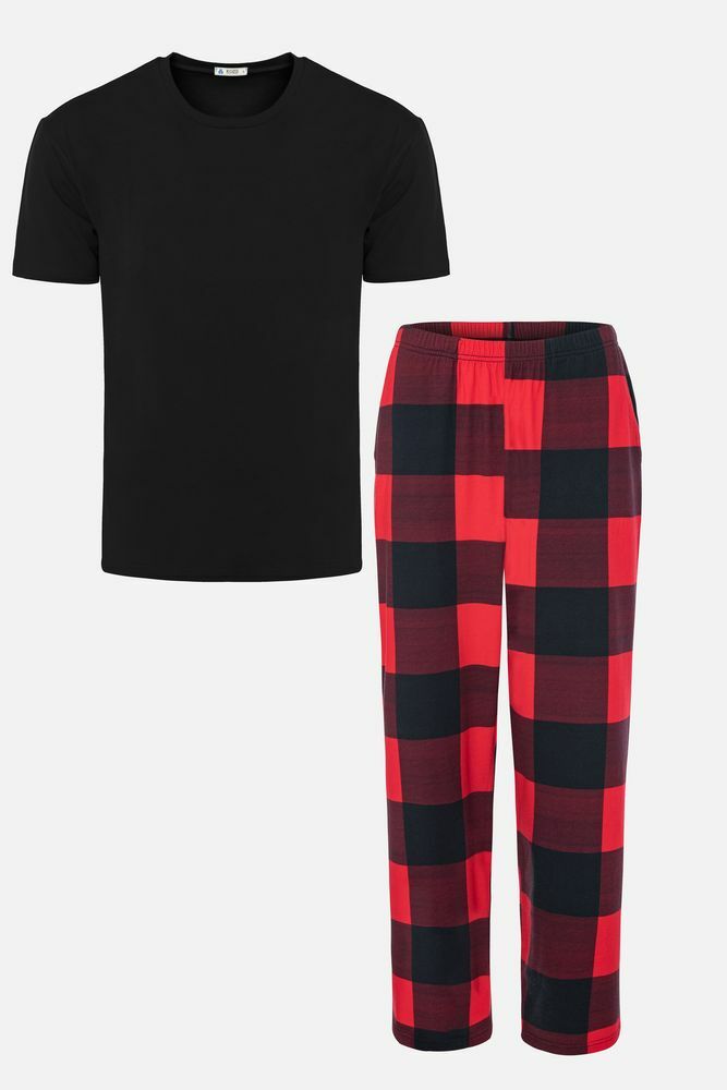 Erkek Kısa Kollu Pamuklu Kırmızı Ekose Desenli Kombinli Pijama Takımı Kırmızıekose - S - Kırmızıekose - S