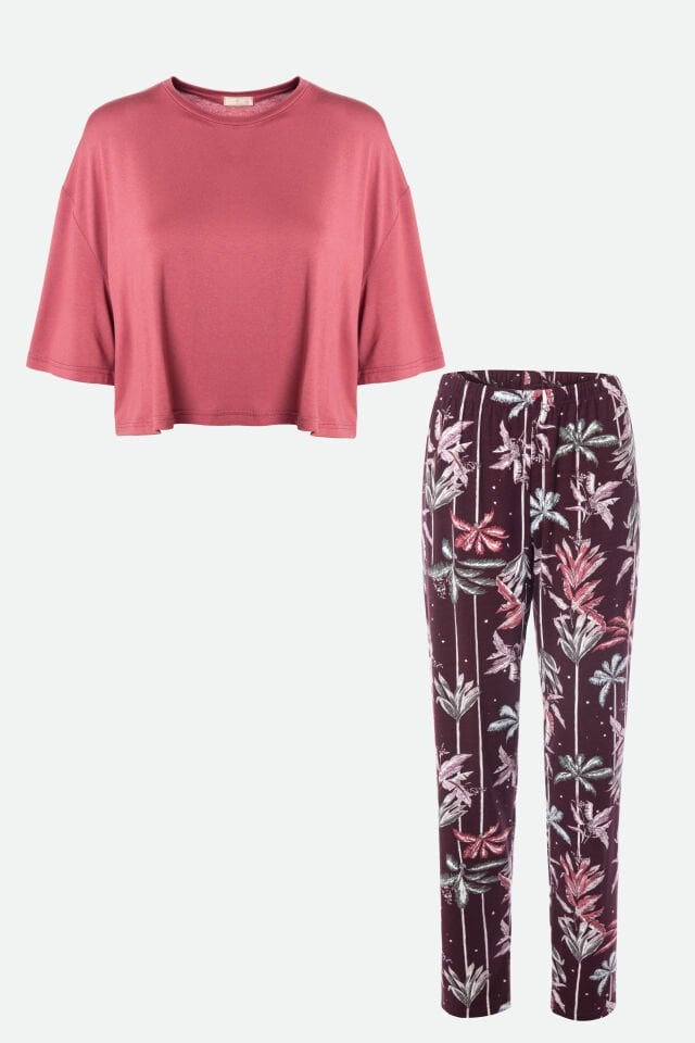 Kadın Pamuklu Kısa Kollu Kalpli Pijama Takımı XL - Pembe - Ekru