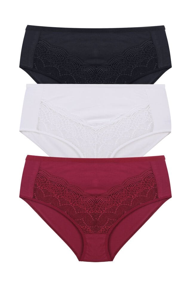 Kadın  3'lü  Geniş Kenarlı Dantelli Pamuklu Fitilli Külot Siyah - Ekru - L - XL