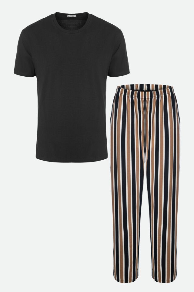 Erkek Kısa Kollu Pamuklu Cepli Çizgili Desenli Pijama Takımı S - Kahverengi - Siyah