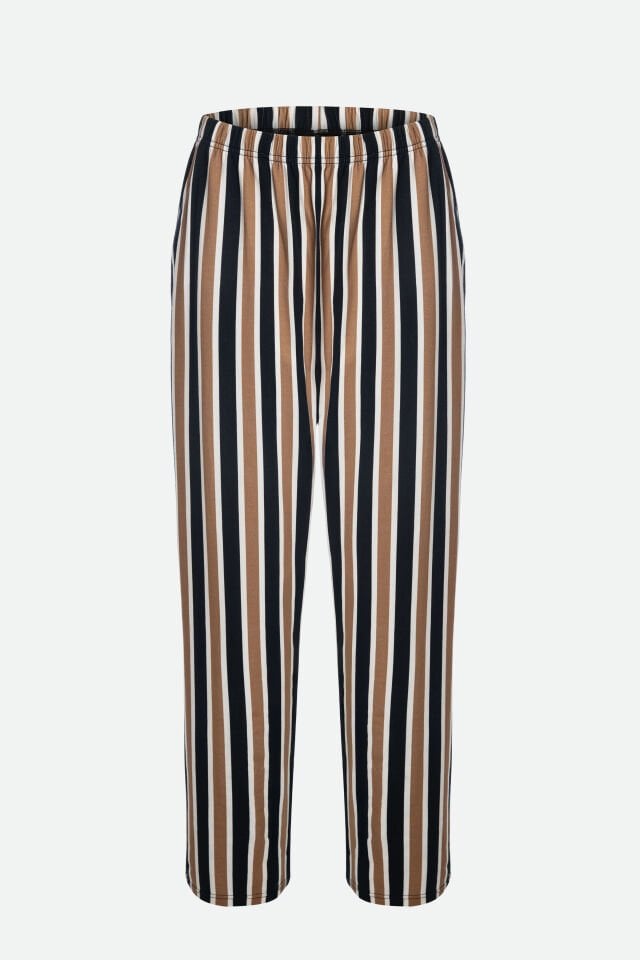 Erkek Kısa Kollu Pamuklu Cepli Çizgili Desenli Pijama Takımı 2XL - Kahverengi - Siyah