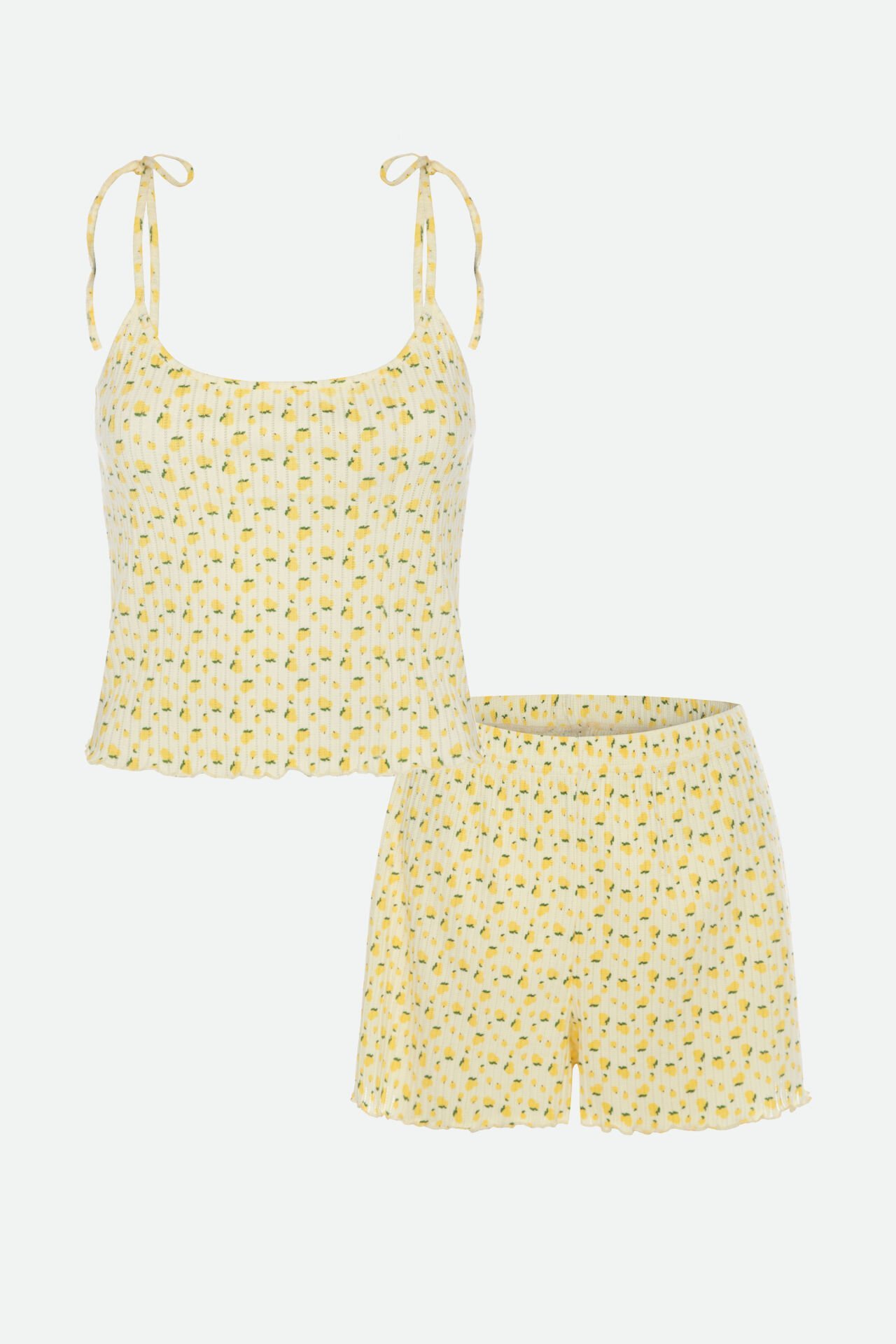 Kadın Ajur Kumaş Bağlama Biyeli Askılı Şort Takım M