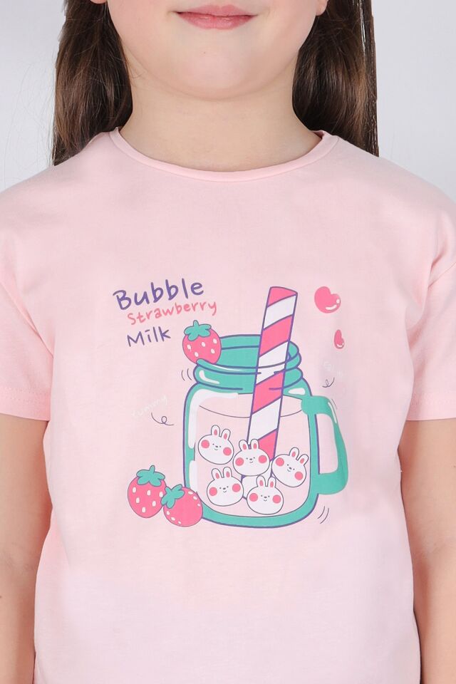 Kız Çocuk Pamuklu Kısa Kollu Baskılı Pijama Takımı 5-6 Yaş - Pembe - Mavi