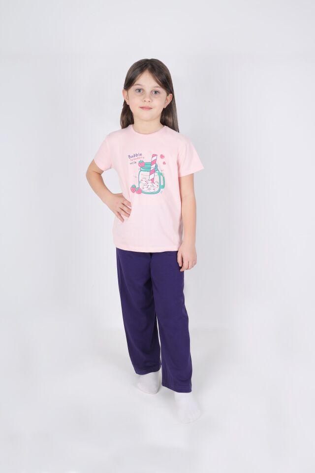 Kız Çocuk Pamuklu Kısa Kollu Baskılı Pijama Takımı 7-8 Yaş - Pembe - Mavi