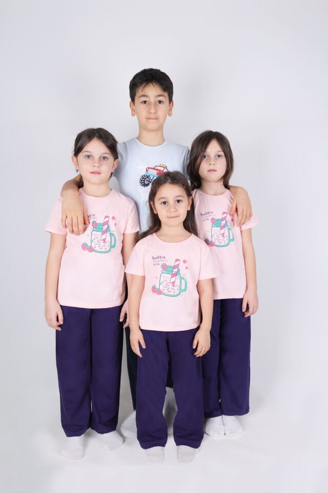 Kız Çocuk Pamuklu Kısa Kollu Baskılı Pijama Takımı 9-10 Yaş - Pembe - Mavi