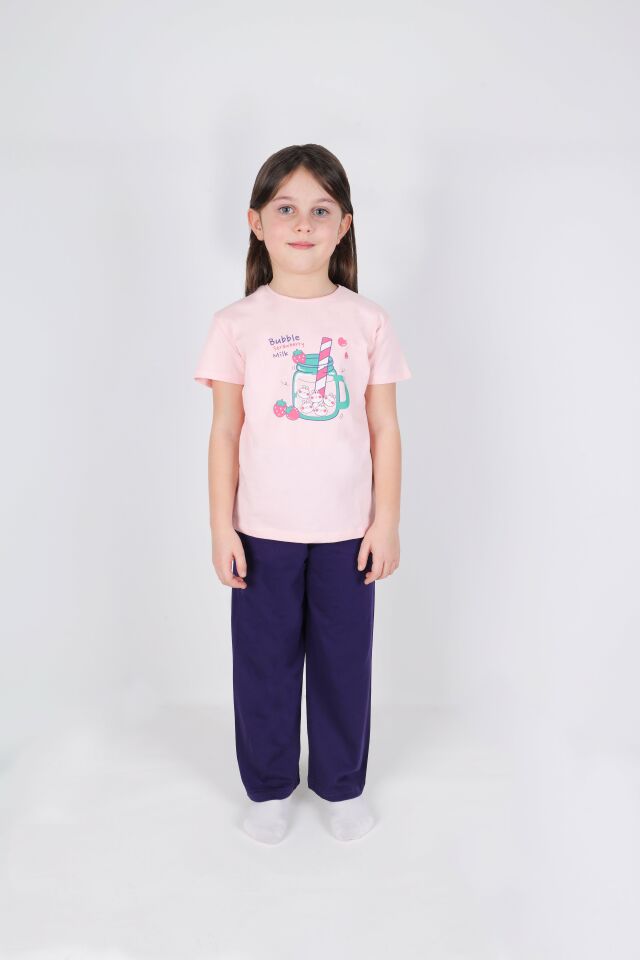 Kız Çocuk Pamuklu Kısa Kollu Baskılı Pijama Takımı Pembe - Mavi - 9-10 Yaş