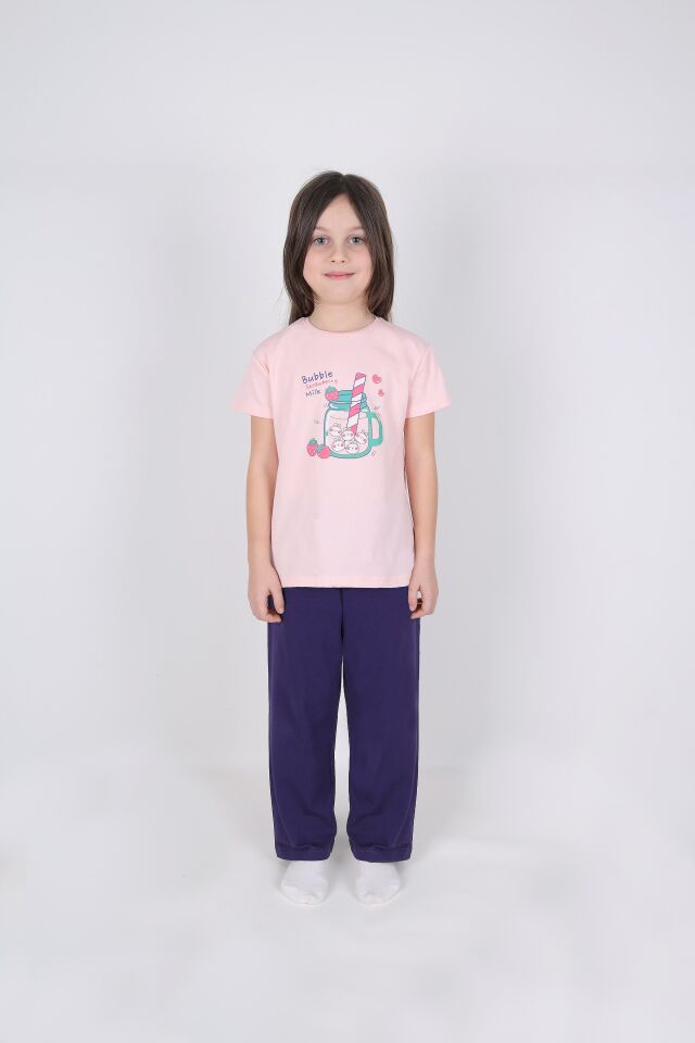Kız Çocuk Pamuklu Kısa Kollu Baskılı Pijama Takımı Pembe - Mavi - 9-10 Yaş
