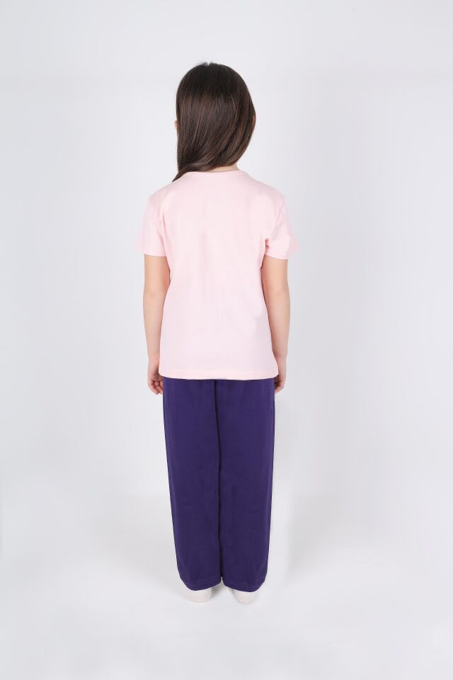 Kız Çocuk Pamuklu Kısa Kollu Baskılı Pijama Takımı Pembe - Mavi - 9-10 Yaş