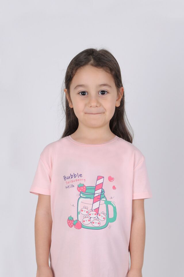 Kız Çocuk Pamuklu Kısa Kollu Baskılı Pijama Takımı Pembe - Mavi - 9-10 Yaş