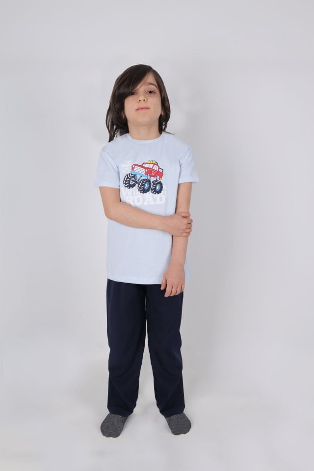 Erkek Çocuk Pamuklu Kısa Kollu Baskılı Pijama Takımı 9-10 Yaş - Mavi - Lacivert