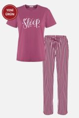 Kadın Kısa Kollu Pamuklu Çizgili Pijama Takımı 3füme - S