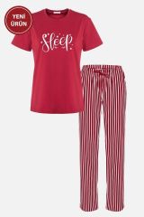 Kadın Kısa Kollu Pamuklu Çizgili Pijama Takımı 4lacivert - M - 4lacivert - M