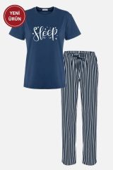 Kadın Kısa Kollu Pamuklu Çizgili Pijama Takımı 4lacivert - M - 4lacivert - M