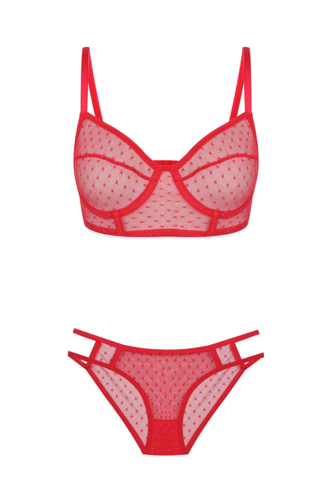 Kadın Kırmızı Puanlı Tül Sütyen Takımı Kırmızı - 90B