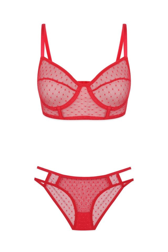 Kadın Kırmızı Puanlı Tül Sütyen Takımı Kırmızı - 90B