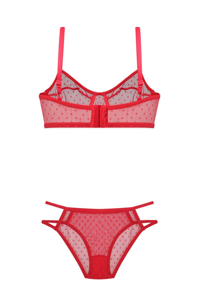 Kadın Kırmızı Puanlı Tül Sütyen Takımı Kırmızı - 90B