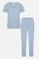 Kadın Kısa Kollu Pamuklu Fitilli Kaşkorse Pijama Takımı Bebe Mavisi - S