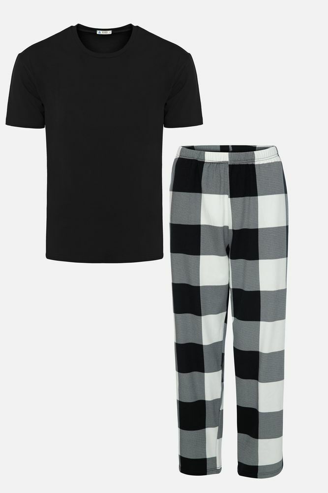 Erkek Kısa Kollu Pamuklu Ekose Desenli Pijama Takımı Siyah - S - Siyah - S