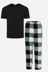 Erkek Kısa Kollu Pamuklu Ekose Desenli Pijama Takımı Siyah - S - Siyah - S