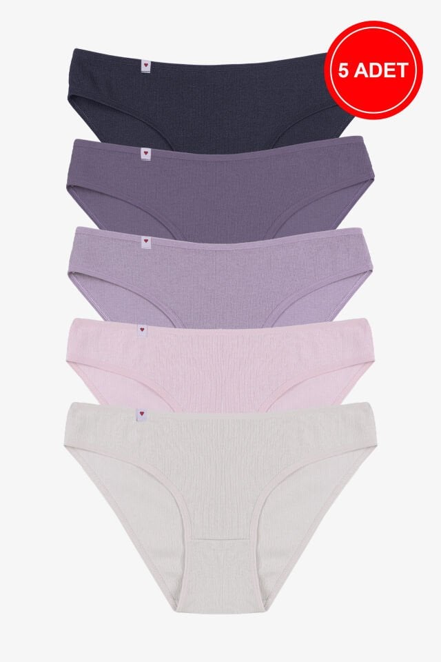 Kadın Külot 5 li Pamuklu Etiket Detaylı Fitilli Ribana L - XL - Lila - Gri