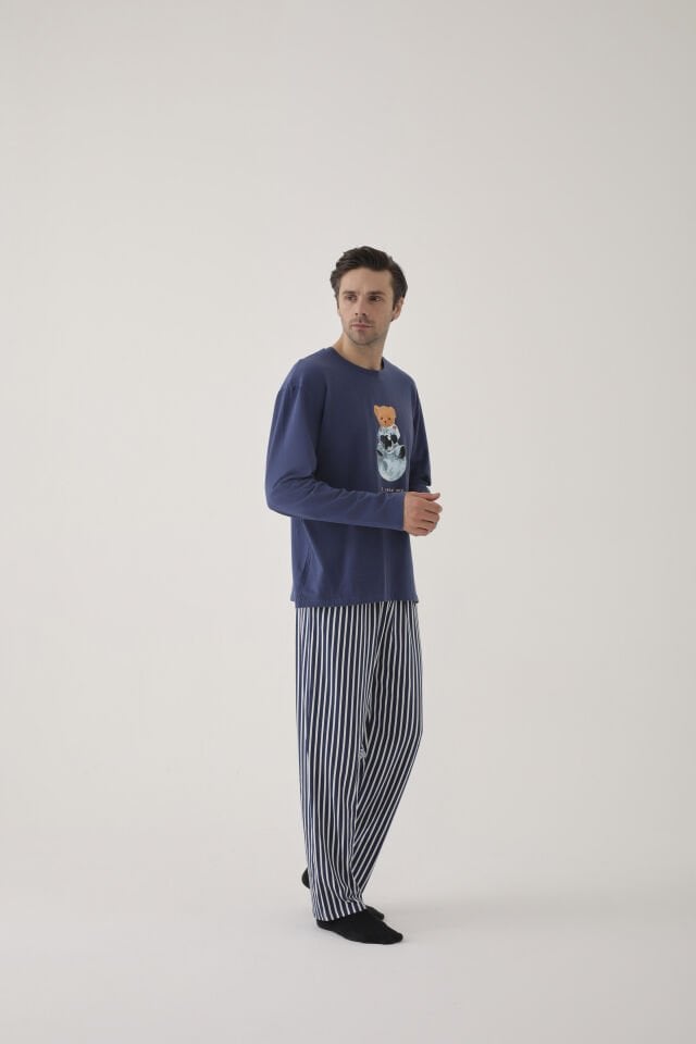 Erkek Pamuklu Uzun Kollu Uzay Temalı/ Astronot Baskılı Füme Çizgili Pijama Takımı 2XL - Mavi - Beyaz